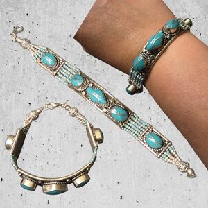 Handmade Tibetan Turquoise Bead and Silver Accent Bracelet - Women Jewelry